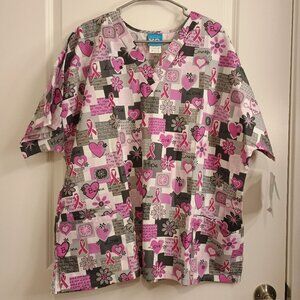 Scrub HQ Breast Cancer Sz 2xL Top Pink Ribbon Flowers Inspirational Words-W TAGS